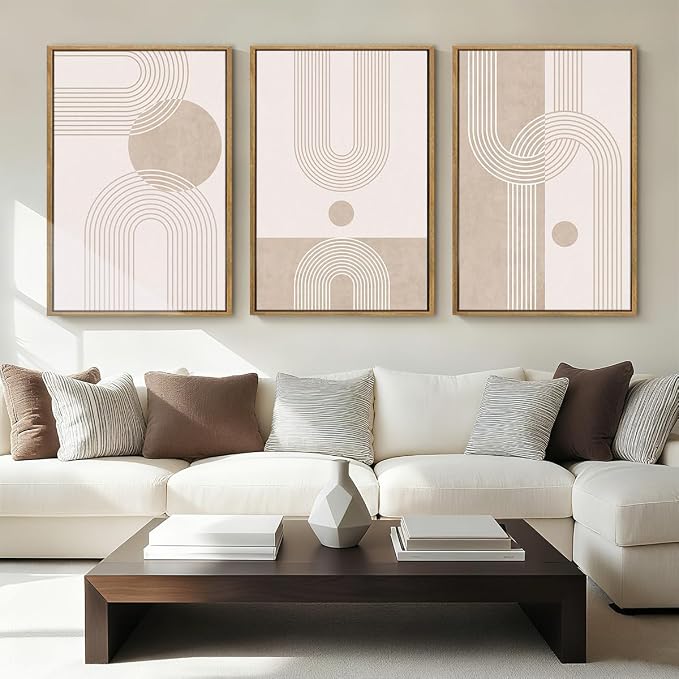 ANHUIB Neutral Boho Abstract Canvas Wall Art Set of 3 Framed Mid Century Modern Wall Decor Beige Geometric Line Artwork Minimalist Prints 16x24 Inch Painting for Living Room Bedroom Dining Room Office