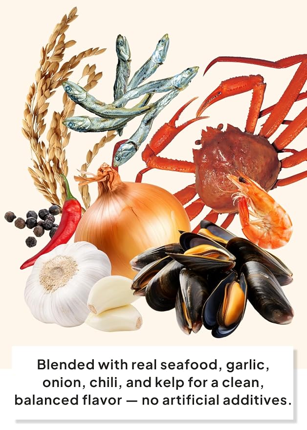 Korean Food O'Food Seafood Spice Mix, Soup Base Powder with Anchovy, 250g | Korean seafood soup base powder with anchovy, crab, shrimp, and vegetables for rich umami flavor in soups and noodles.