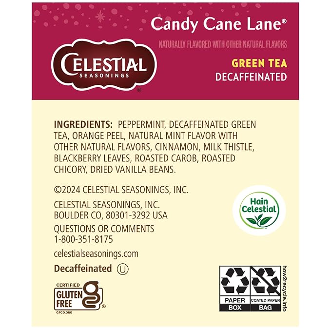 Celestial Seasonings Green Tea, Decaffeinated Candy Cane Lane, 18 Count (Pack of 6)