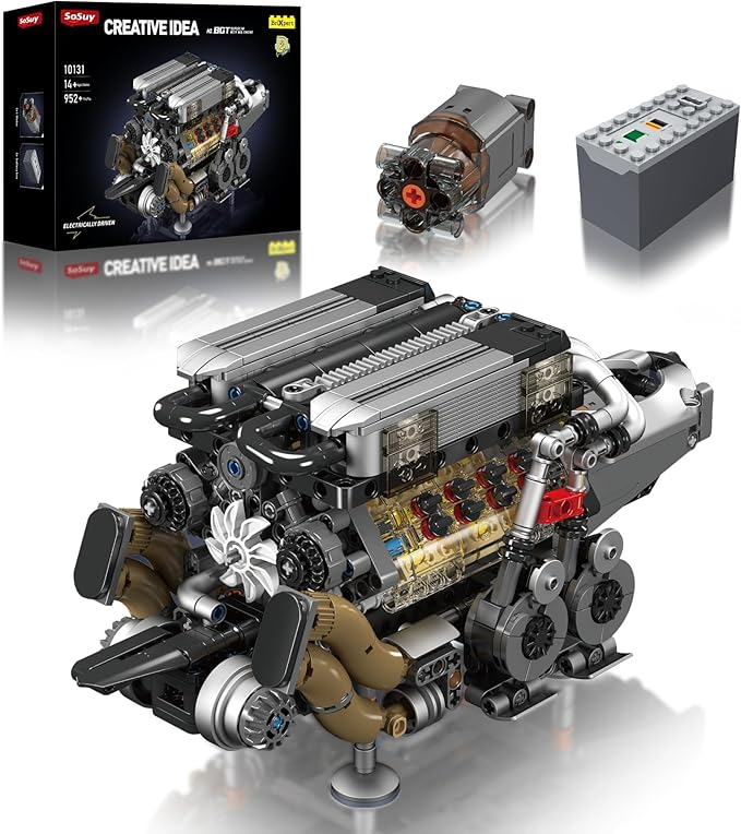 Sosuy W16 Motorized Model Engine Kit for Adult Men Teen, Electric Drive, Ultra-Realistic Working Replica, Home Set for Collection Fans, STEM Building Block Toy for Boy, Birthday Gift for 8+ Kid 952Pcs