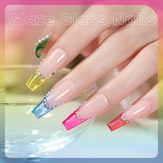 RARJSM Colorful Stained Glass Gel Nail Polish Set 6pcs Clear Crytal Blue Green Yellow Orange Red Neon Pink Series Transparent Sheer Amber Milky Gel Varnish LED UV Curing Requires French Manicure
