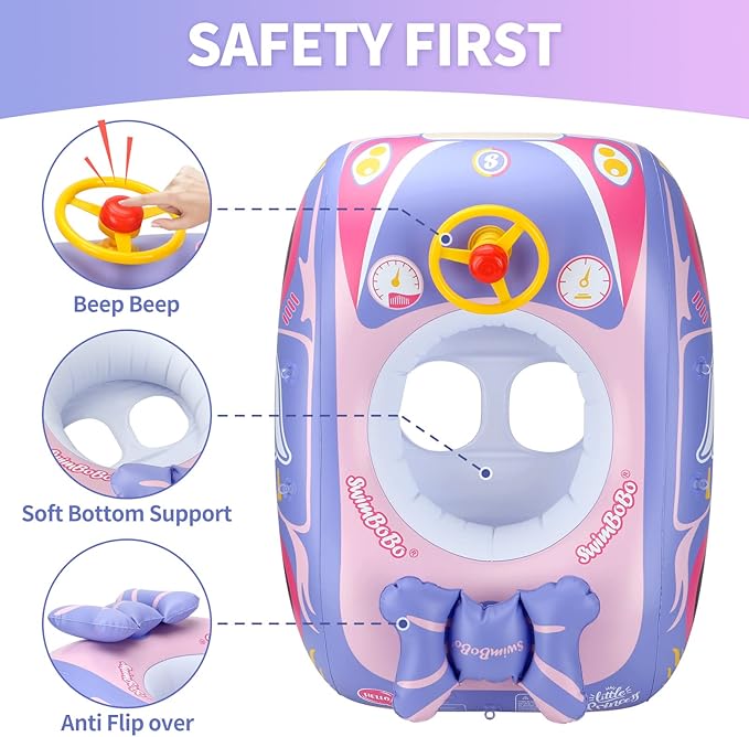 Swimbobo Toddler Pool Float Inflatable Car Baby Swim Float with Adjustable Sun Canopy and Safety Seat Pool Toys for Kids 3+ Years Old(Purple Pink Car)