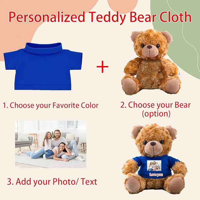 Personalized Teddy Bear Clothes with Photo Text, Custom Stuffed Animal Clothing Fit 8-16inch Stuffed Bear Clothes, Personalized Doll Clothing Make Your Own Plush Doll Shirt