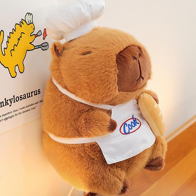 Ditucu Cute Capybara Plush with Cooking Chef Hat 9 inch French Baguette Bread Capibara Stuffed Animal Soft Plushies Toys Gifts for Kids Brown