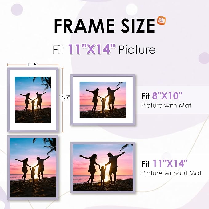 FIXSMITH 11x14 Picture Frame 2 Pack, Purple Photo Frame with HD Plexiglass, Display Pictures 8x10 with Mat or 11x14 Without Mat, Black Picture Frames Collage Wall Decor, Gallary Wall Frame