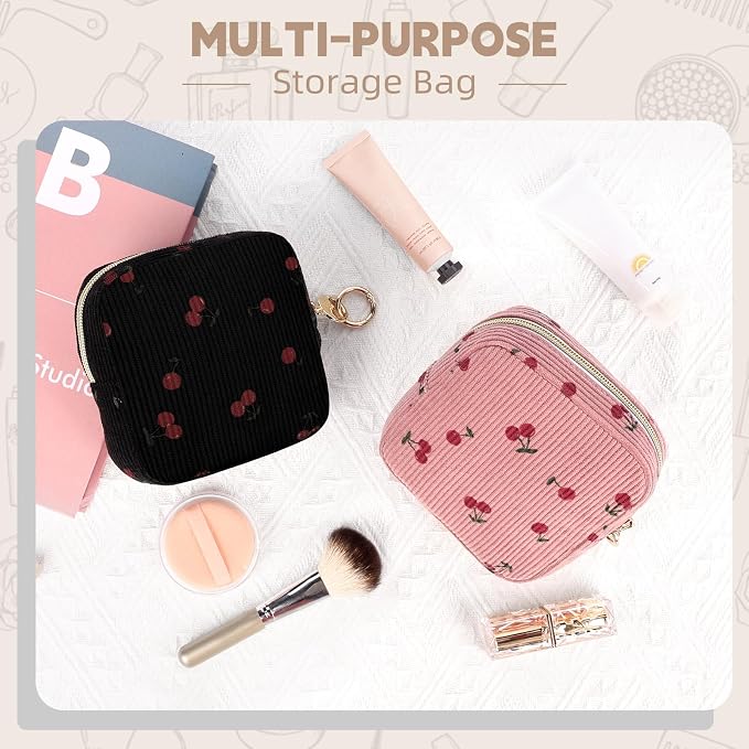 Period Bag for Teen Girls, Corduroy Sanitary Napkin Storage Bag, Menstrual Pad Pouches Tampon Holder for Purse (Cherry-Light Pink)