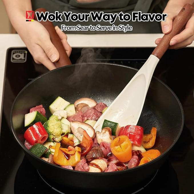 Wagensteiger Aluminum Body Flat Bottom Wok, Restaurant & Business Grade Fry Pan Titanium Coated Non-Stick Surface, Wooden Handle, Made in Korea, Deep Large Skillet, Black(17.91"L x 11.22"W x 3.15"H)