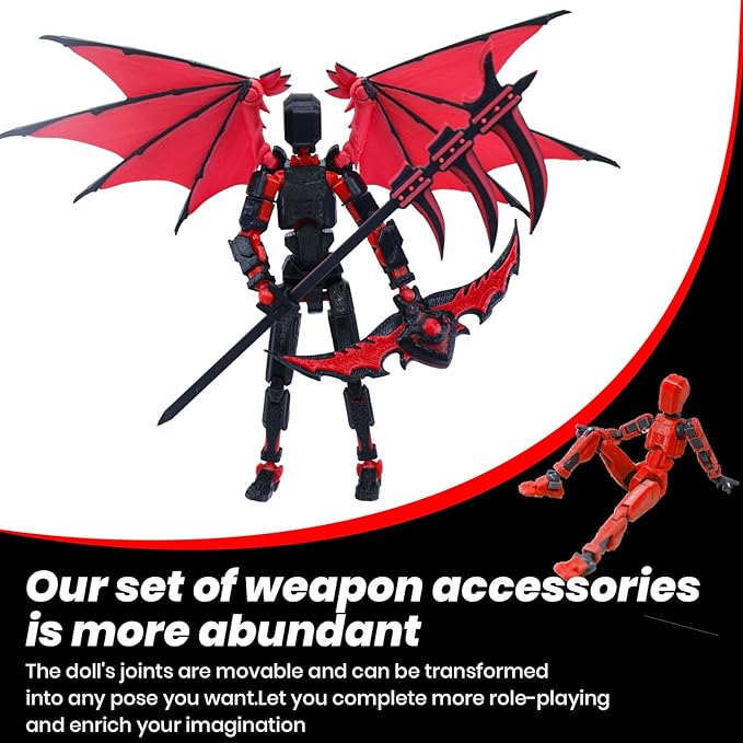 Titan 13 Robot Action Figure,Dummy 13,Articulated Robot with Demon Wings, 3D Printed robo 13 Action Figure Articulated (Rose red)