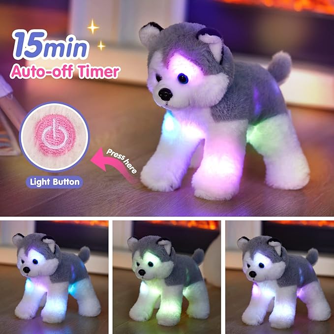 BSTAOFY 12’’ Light up Husky Puppy Stuffed Animal Realistic LED Dog Soft Plush Toy with Night Lights Glow in The Dark Birthday Valentines Christmas for Toddler Kids