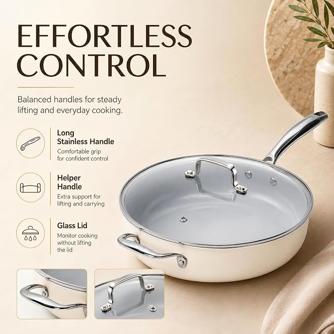 Kikcoin 12 Inch Ceramic Nonstick Frying Pan with Lid, 5 QT Deep Saute Pan for Cooking, Induction Ready Skillet with Stay Cool Handle, PFAS/PTFE/PFOA Free, Oven & Dishwasher Safe