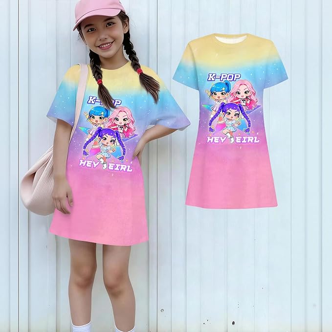 Girl's Anime K-POP Graphic Long Dress T-Shirt - Casual Loose Fit Short Sleeve Top