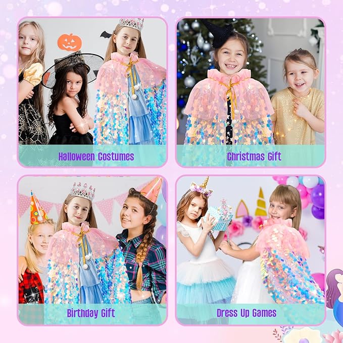 Meland Princess Dress Up for Girls 3-8, 11Pcs Mermaid Cape with Crown, Dress Up Clothes Birthday Gift Toys for Girls Toddlers