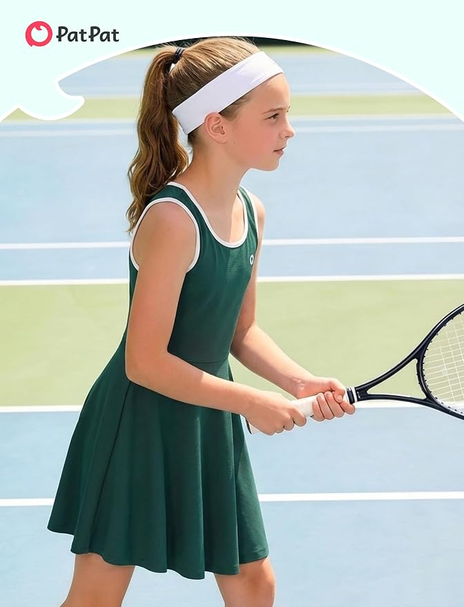 PATPAT Girls Athletic Dress Tennis Summer Outfit with Headband & Shorts | Quick-Dry RapidAir-C Fabric, Lightweight Breathable Golf Dress, Sweat-Wicking 2 Piece sets, Two Hidden Pockets