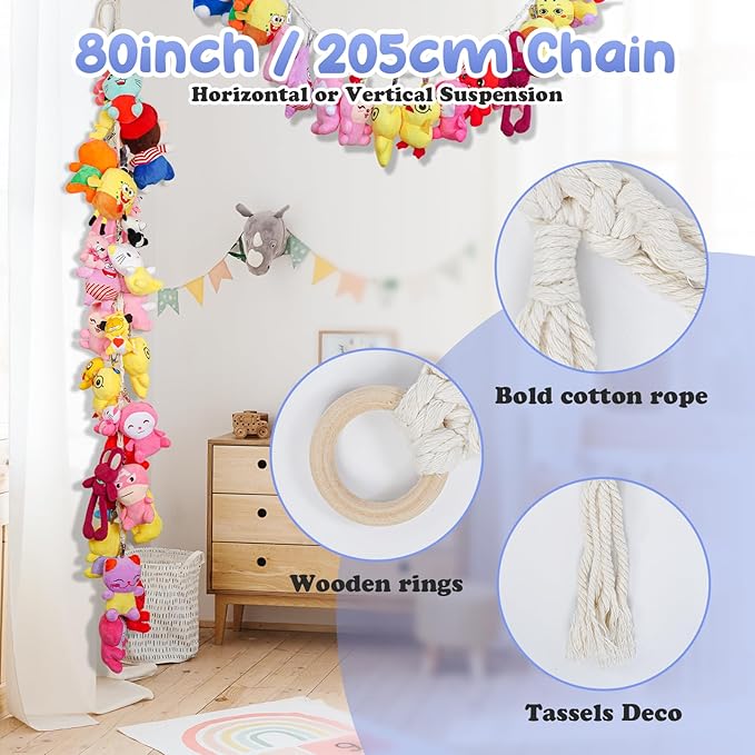 Stuffed Animal Storage Chain - 80 inch Toys Holder for Plush Animal Hanging or Corner Stuffed Animal Storage Suitable Hanging Plush Toys, Hats, Socks, Photos, Holiday Card & Nursery Room Wall Decor