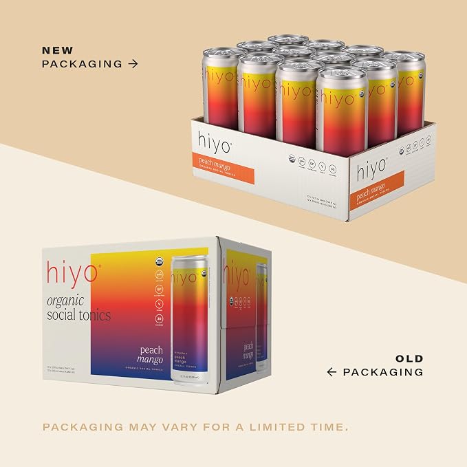 Hiyo Organic Social Tonic - Peach Mango, 12 Pack - N.A. Functional Seltzer, Sparkling Water Crafted with Organic Adaptogens, Nootropics & Botanicals