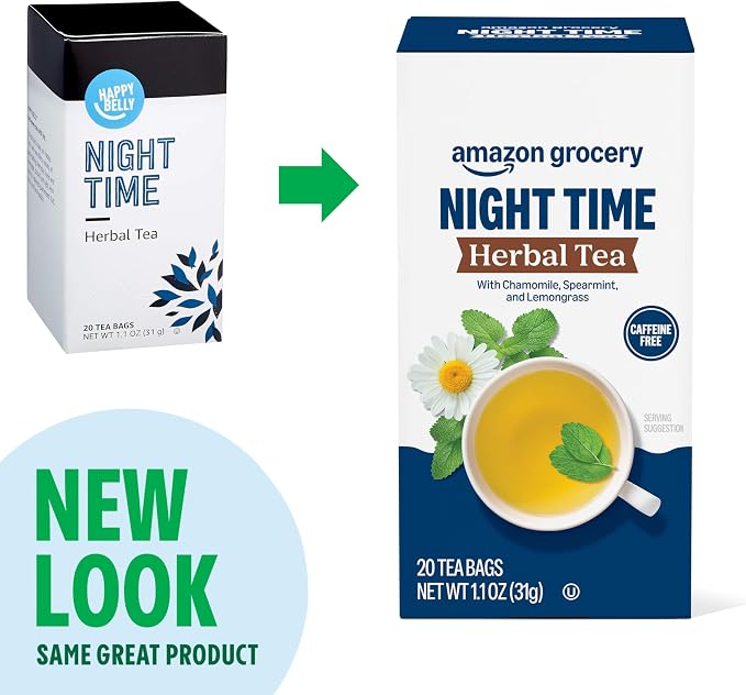 Amazon Grocery, Night Time Herbal Tea, Caffeine Free, 1.1 Oz, 20 Ct