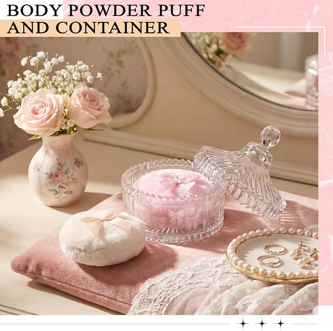Tioncy 3 Pcs Large Body Powder Puff and Container Valentine's Day gift Powder Container with Puff Crystal Case Soft Washable Reusable Velour Face Body Glitter Wet Dry Makeup (Pink Bow,Clear)