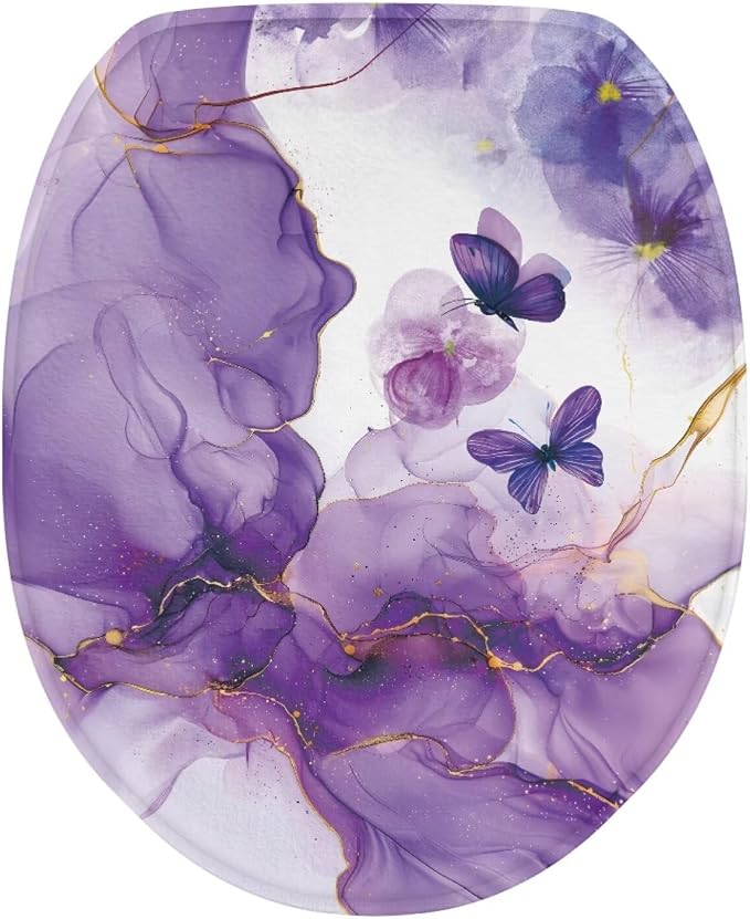 Purple Marble Toilet Seat Lid Covers for Bathroom Butterfly Toilet Bowl Cover Lid with Elastic Universal Fit Elongated Oval Round Lid Bottom Soft Bathroom Replacement
