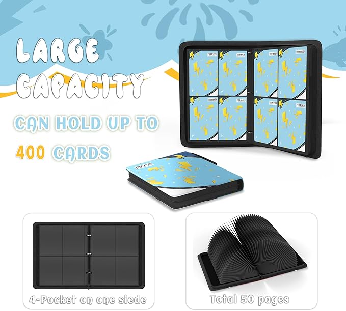 Trading Card Binder 4 Pocket, Card Binder 400 Pockels Card Book Holder Cards with 50 Removable Sleeves, 3-RingZip Design MTG/TCG/Sport Collectible Trading Card Albums Gifls for Boys and Girls (Blue)