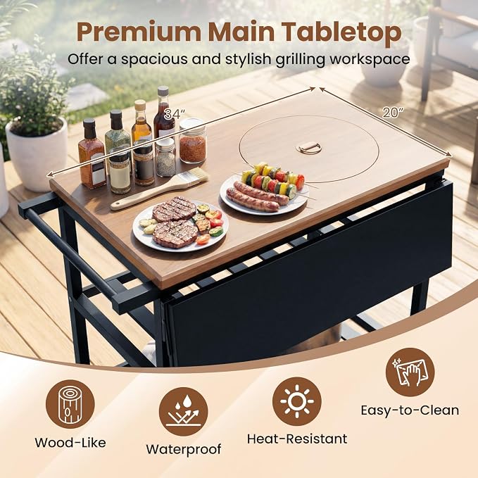 HAPPYGRILL Outdoor Grill Cart with Foldable Side Panel, 2 Storage Shelves | Movable Food Prep Table with Korean BBQ Charcoal Grill, Outside Pizza Oven Table for Patio Backyard Cooking BBQ