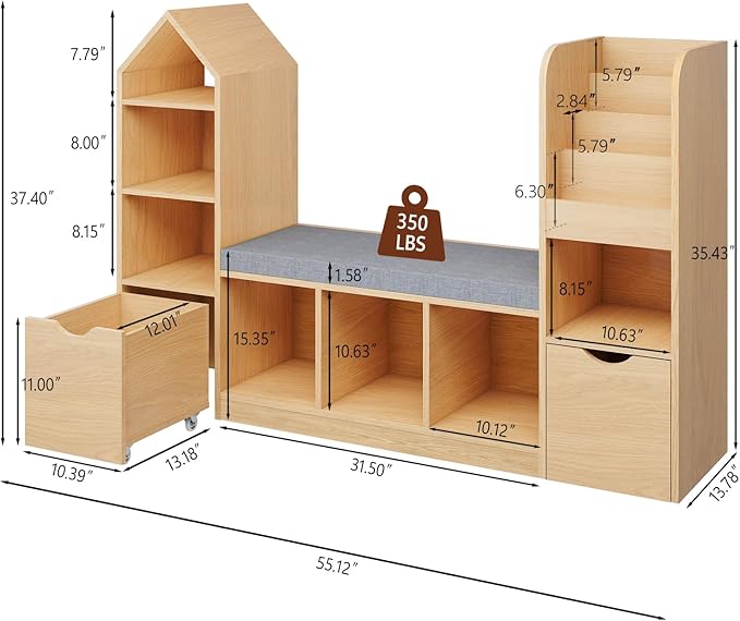 Vabches Toy Storage Organizer for Kids Bookshelf with Reading Nook, Multifunctional Kids Bookcase with 7 Storage Cubbies, 2 Movable Drawers and Seat Cushion for Keeping Kids' Toys Books Organized, Oak