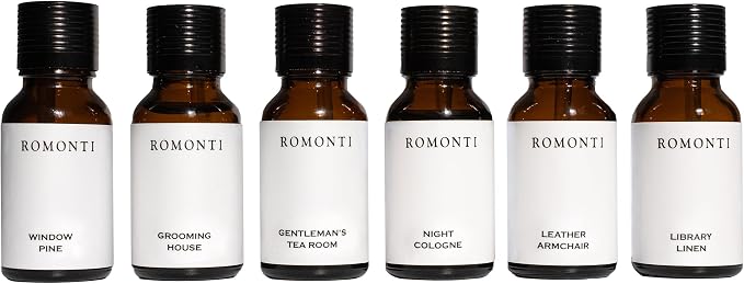 Aroma Essential Oil Gift Set, Midnight Cabin Collection, 6 Pack Oils for Diffuser - Window Pine, Grooming House, Gentleman's Tea Room, Night Cologne, Leather Armchair, Library Linen