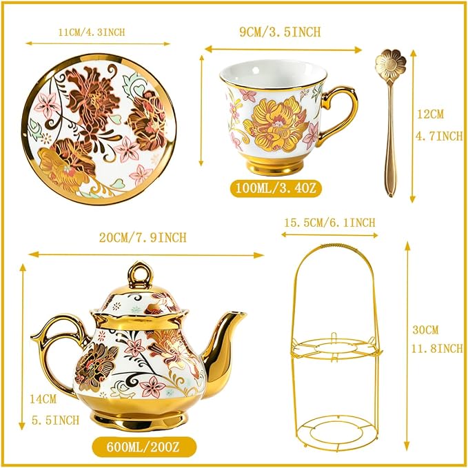 CHANJOON Gold Plated Red Rose Ceramic Tea Set, Vintage Tea Sets with Teapot, Beautiful Tea Set Coffee Serving 6 People (pink, Medium)