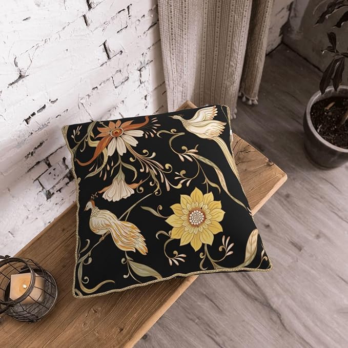 Flowers Birds Velvet Pillow Covers 16x16 Inch Vintage Floral Black Throw Pillows for Couch Farmhouse Cushion Covers Pillowcase Retro Rustic Pillow Cases for Sofa Bed Living Room Outdoor