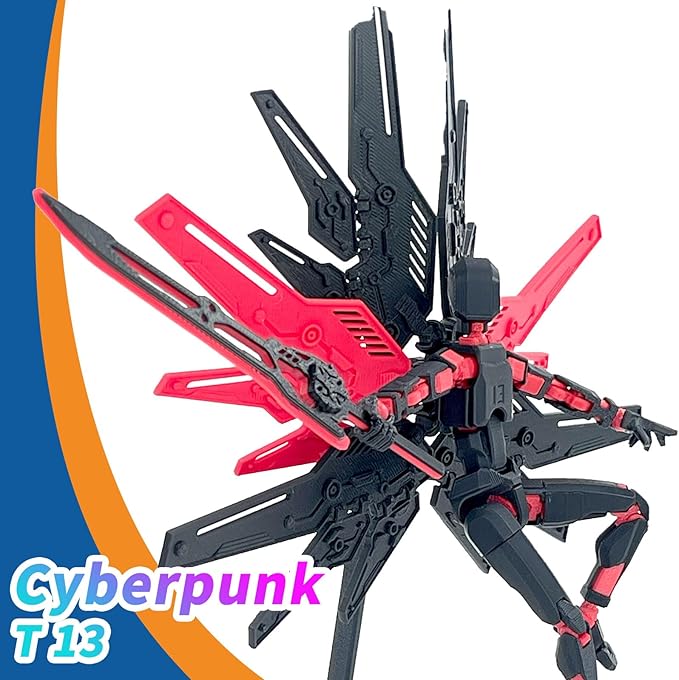T13 Titan 13 Action Figure Already Assembled, Cyberpunk Futuristic Mecha 3D Printed Action Figure Set Robo 13, Lucky 13, Gift for Dummy Collectors Desktop Decorations (Black Red)