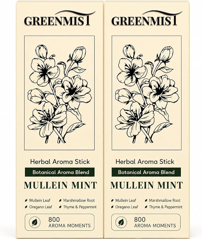 GreenMist Mullein Mint Herbal Aroma Stick 2 Pack, Plant-Based Botanical Scent, Portable Silicone Stick, Fresh Mint Thyme Oregano Notes, Yellow