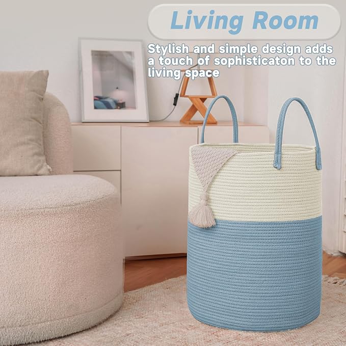 JMvicyroam 100L Cotton Rope Laundry Basket Hamper, White and Blue | Collapsible laundry basket, reinforced handles, freestanding, machine washable, holds 3-5 thick blankets, clothes or toys