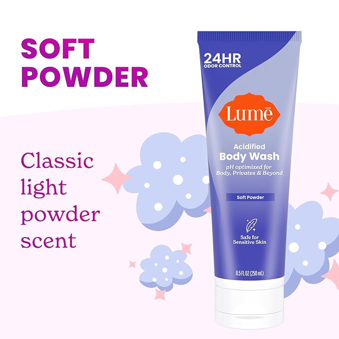 Lume Acidified Body Wash for 24 Hour Odor Control - Removes Odor Better than Soap - Hydrating Formula - Formulated without SLS or Parabens - Safe for Sensitive Skin - 8.5 Ounce - 2 Pack (Soft Powder)