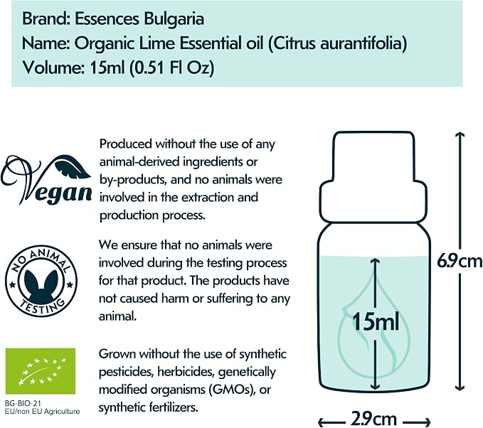 Essences Bulgaria Organic Lime Essential Oil 0.51 Fl Oz 15ml Citrus aurantifolia - 100% Pure Natural Undiluted Therapeutic Grade for Aromatherapy Oil Diffuser Humidifier Hair Growth Skin Care Oil