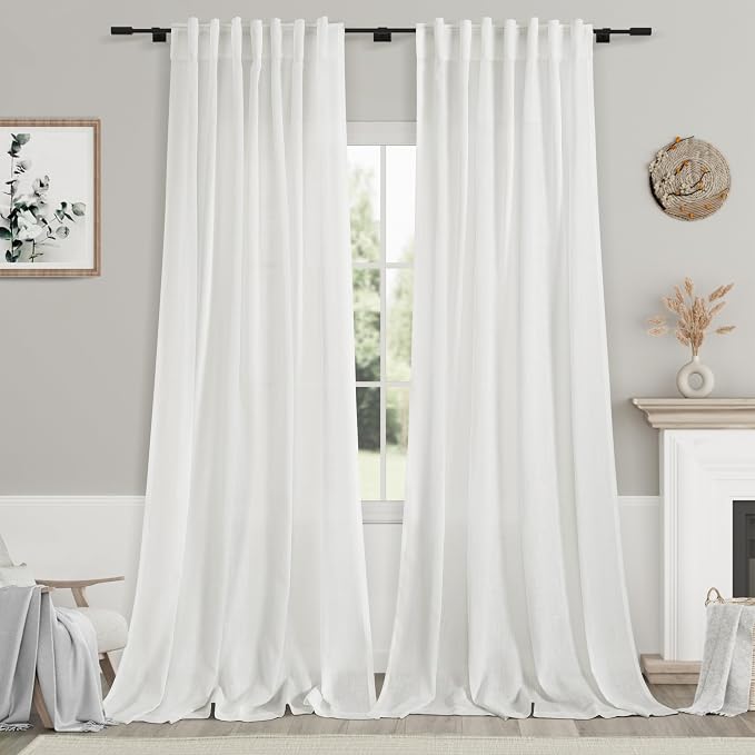 White Linen Curtains 126 Inches Long 2 Panels Set for Living Room Extra Long Back Tab Curtain Neutral Farmhouse Light Filtering Semi Sheer Linen Drapes Ceiling to Floor for Large Window 52x126