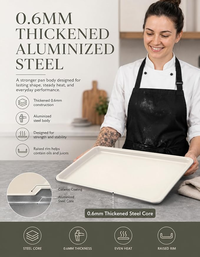 Boxiki Kitchen Ceramic Baking Sheet 15" x 10" Quarter Sheet Pan - KFCC Korean Ceramic Nonstick Cookie Sheet, Heavy Duty Aluminized Steel Baking Tray, Oven Safe to 550°F, For Cookies & Vegetables