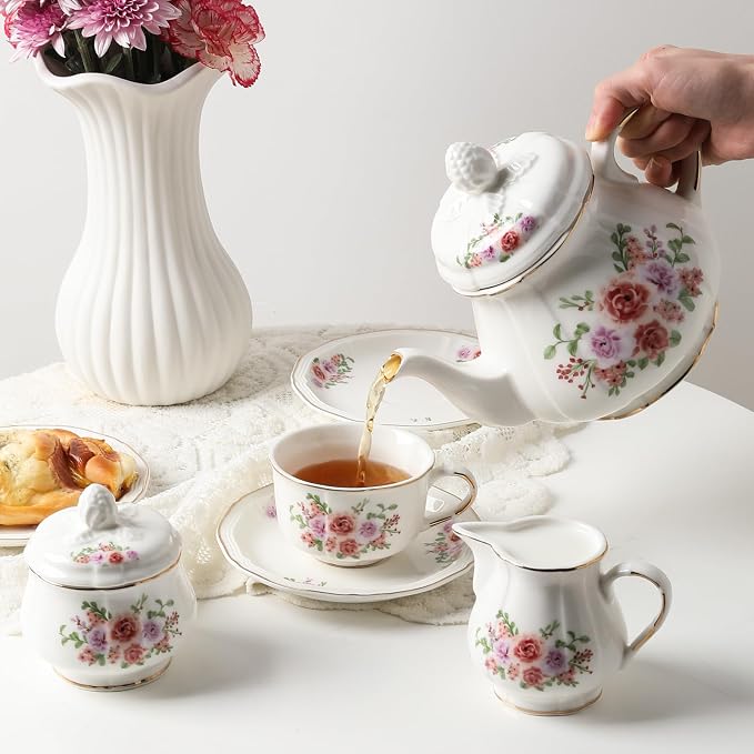Sweejar 23 Pcs Floral Tea Sets with Metal Holder, Relief Gold Rim Porcelain Tea Sets for Adults, Cup and Saucer Set for 6, with Teapot, Sugar Bowl, Milk Jug, Spoons (Rose Flower)