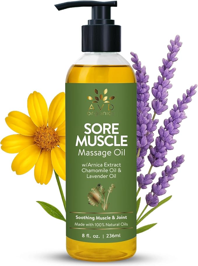 AVD Organics Sore Muscle Massage Oil 236 ml | Massage Therapy | Natural Oil with Lavender and Chamomile Essential Oils | Multipurpose Instant Absorption Full Body Massage Oil | 8 fl. oz