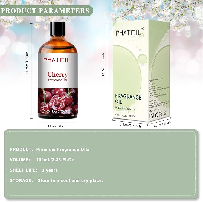 PHATOIL 3.38FL.OZ Cherry Fragrance Oils for Aromatherapy, Essential Oils for Diffusers for Home, Perfect for Diffuser, Yoga, Skin Care, DIY Candle and Soap Making - 100ml