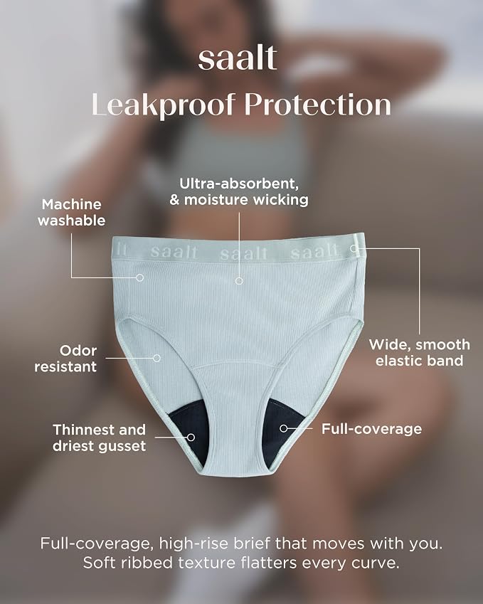 saalt Leakproof Cotton Rib High Rise Brief – Reusable Period Underwear for Women - Replaces 3 Pads or 4 Tampons