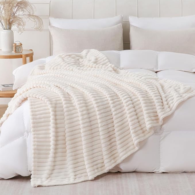 Cream White Throw Blanket for Couch Sofa 50x70 inches Striped Design | Fleece Blankets Room Home Decor Lightweight Plush Soft Cozy Gifts for Women Mom
