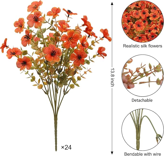 Ouddy Decor 24 Pcs Artificial Fall Flowers, Fake Mums Outdoors, Fall Orange | Lifelike faux mums, silk flower, UV resistant, no-maintenance, for autumn Thanksgiving garden porch yard indoor outdoor decor