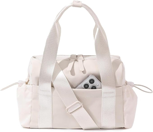 Bucosd Small Gym Bag for Women, Mini Crossbody Gym Duffle Bag with Wet Compartment, Carry on Gym Tote Bag for Workout Dance Sport Travel (Mini-Beige)