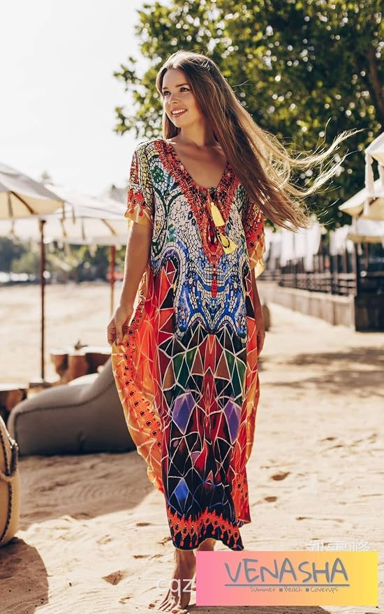 Venasha Womens Caftan Floral Print Kaftan Dress Short Sleeve Swimsuit Cover up Loungewear for Summer