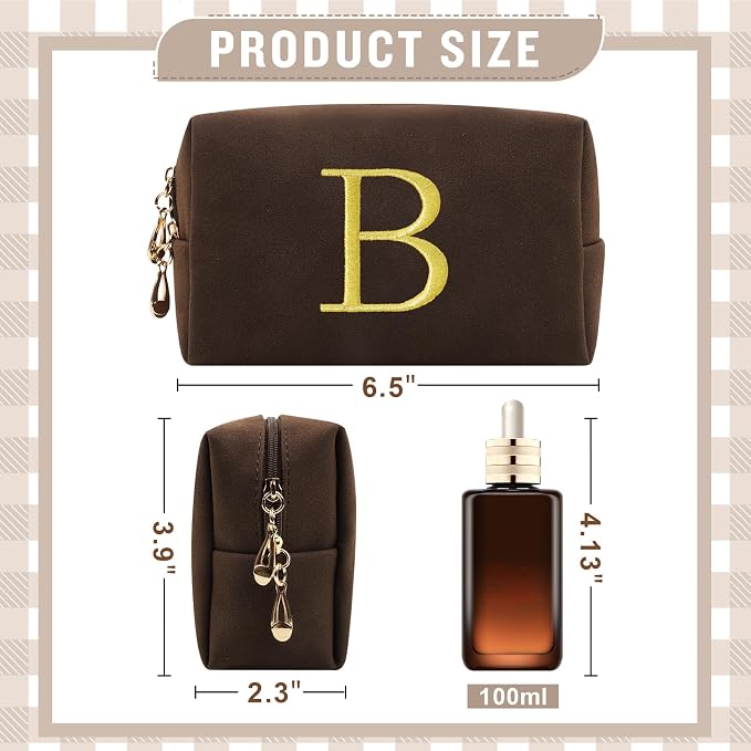 Personalized Initial Makeup Bag,Preppy Suede Cosmetic Bag for Teen Girls,Small Monogram Travel Toiletry Bag With Gold Embroidered Letter,Trendy Stuff Custom Christmas Gift for Women(Coffee-B)