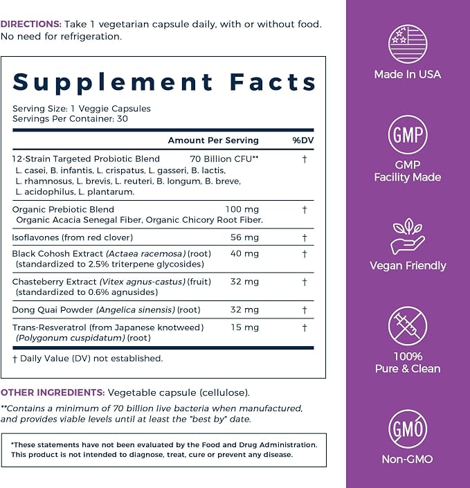 NewRhythm Menopause Probiotics for Women, 7-in-1 Relief, Prebiotics, Black Cohosh Trans-Resveratrol Chasteberry Red Clover Dong Quai, Hot Flashes Night Sweats, No Soy, No Estrogen, 30 Ct