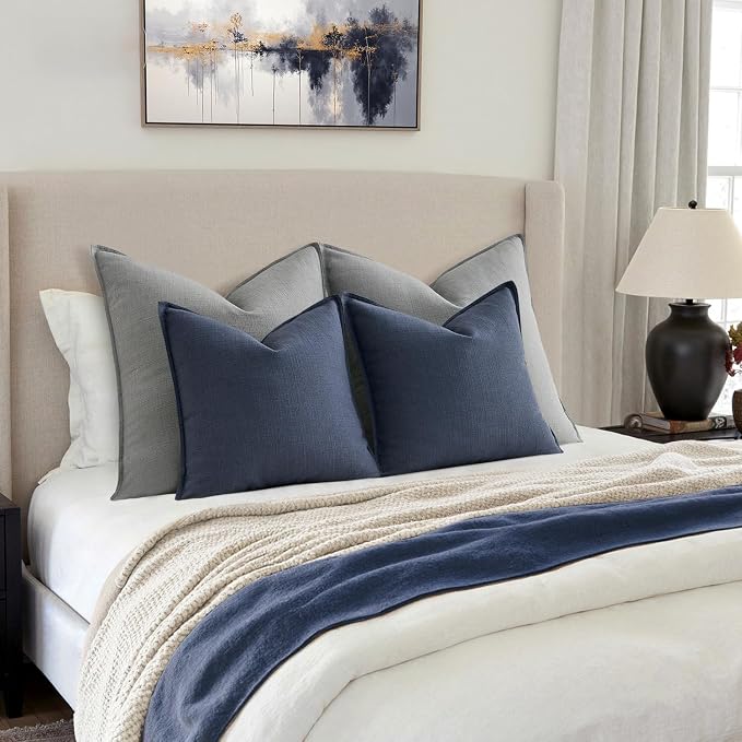 MIULEE Thick Textured Navy Blue Decorative Throw Pillow Covers 22x22 Inch | Set of 2, Linen Blend Pillow Cover, Flange Edge Design, Farmhouse Modern Boho Style, Bed Couch Living Room Decor