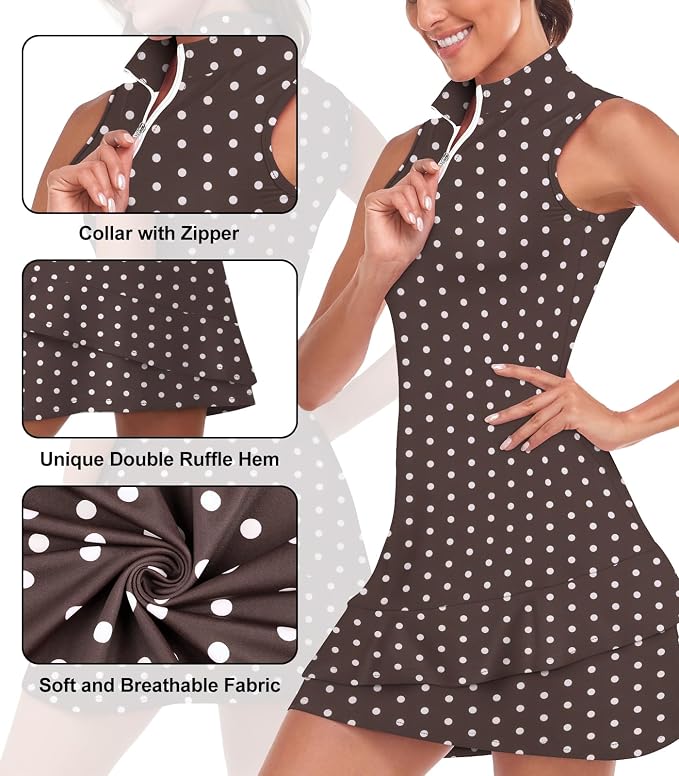 Viracy Tennis Dress for Women Sleeveless Golf Dresses with Shorts and Pockets Ruffle Zip Up Stand Collar Golf Outfits