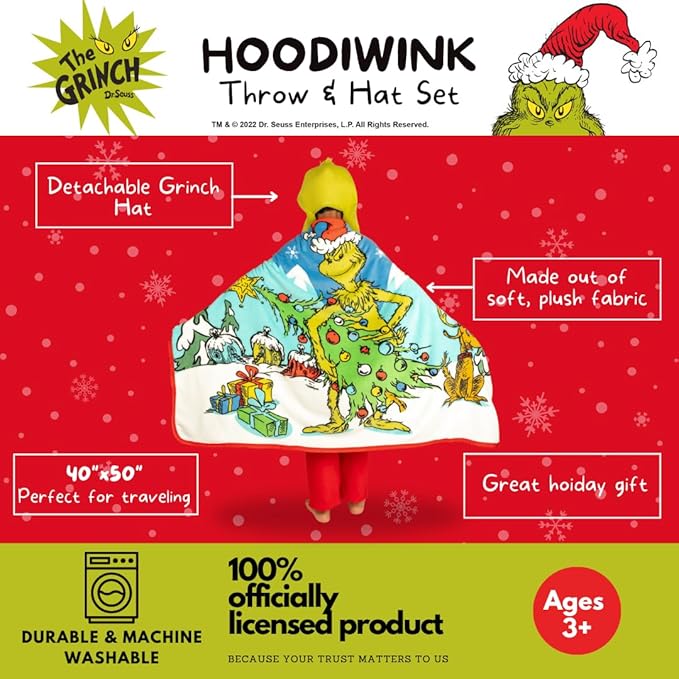 Dr. Seuss The Grinch Costume Holiday and Christmas Kids Super Soft Hooded Throw with Detachable Hat, 50"(L) X 60" (W), (Official Licensed Product) By Franco