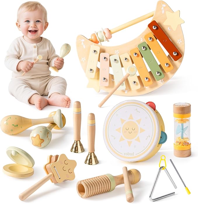 ROBUD Toddler Musical Instruments, Montessori Wooden Baby Musical Toys, Neutral Colors Musical Toys for Toddlers 1-3, Educational Percussion Set, for Boys and Girls(Star and Moon Theme)