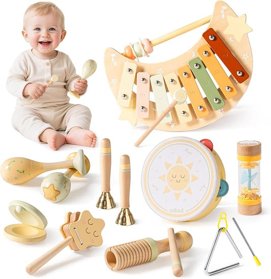 ROBUD Toddler Musical Instruments, Montessori Wooden Baby Musical Toys, Neutral Colors Musical Toys for Toddlers 1-3, Educational Percussion Set, for Boys and Girls(Star and Moon Theme)